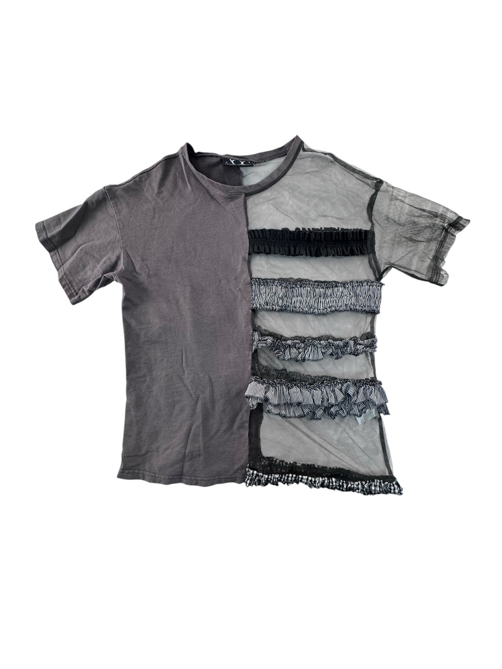 Women’s Two-Tone Gray Ruffle Mesh Short Sleeve Tee